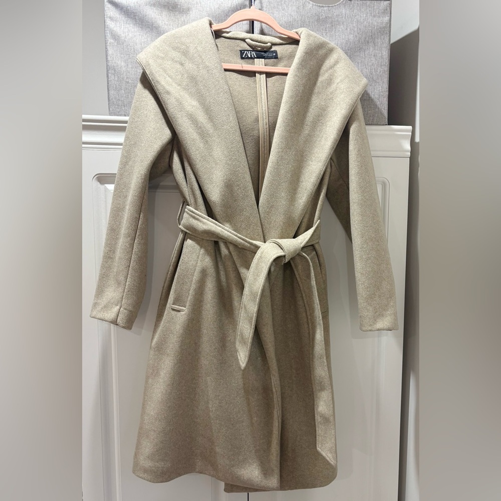 Zara Belted Soft Hooded Coat in Camel